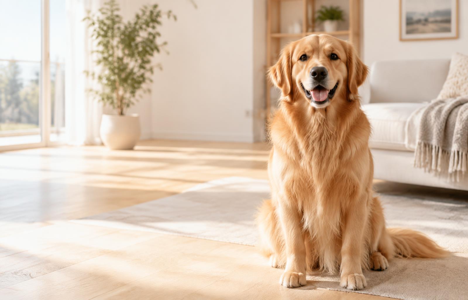 A happy golden retriever sitting in a bright, sunlit living room